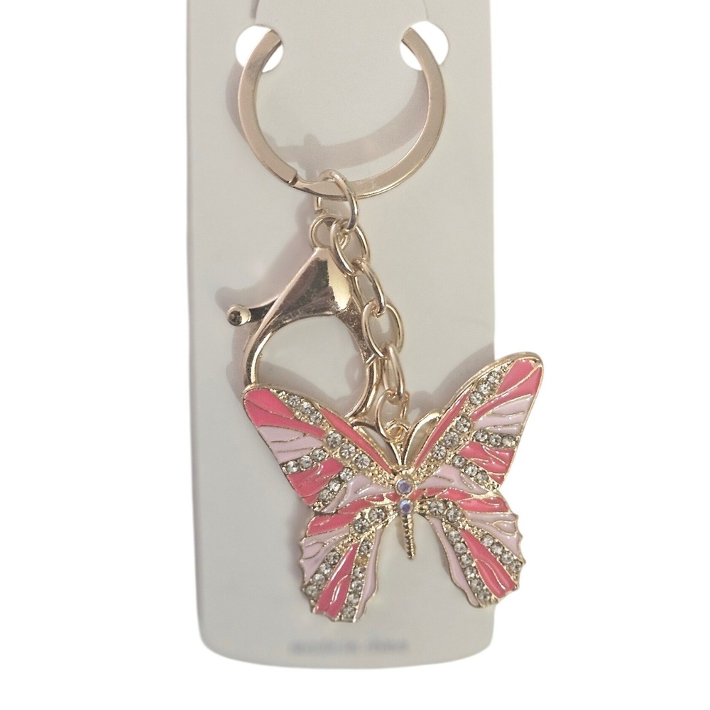 Butterfly Keychain Pink White Rhinestone Enamel Gold Tone Charm‎ Bag